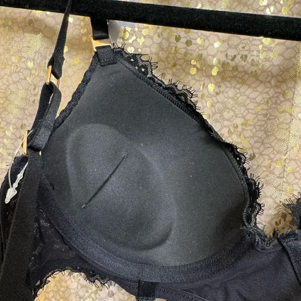 Aerie True Black Show Off Eyelash Lace Plunge Push Up Bra 32B NWT